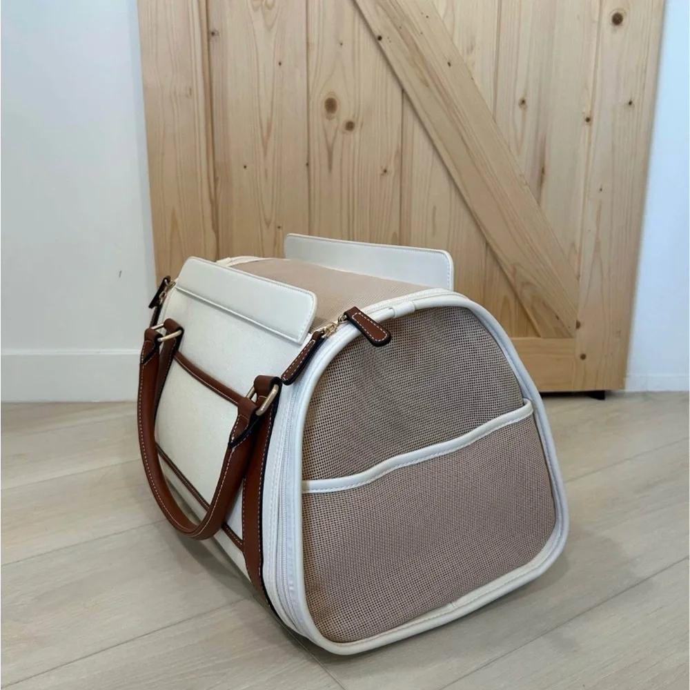 Small Pet Carrier with Leather Trim - cream color